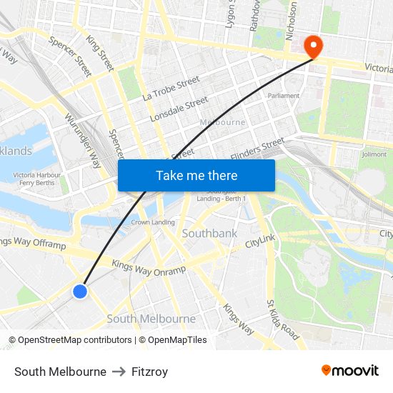 South Melbourne to Fitzroy map