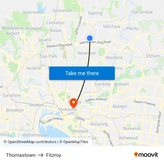 Thomastown to Fitzroy map