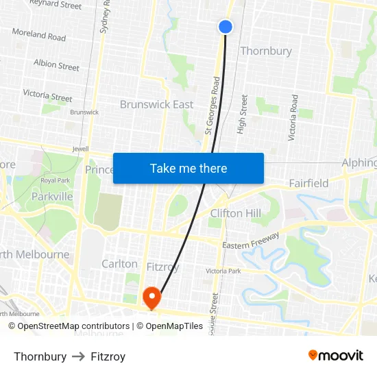 Thornbury to Fitzroy map
