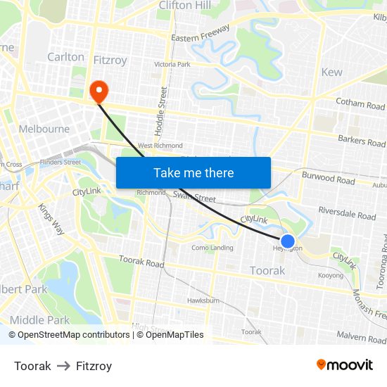 Toorak to Fitzroy map