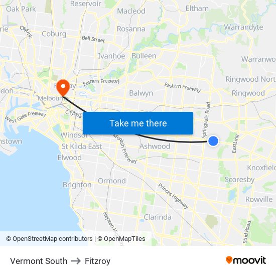 Vermont South to Fitzroy map