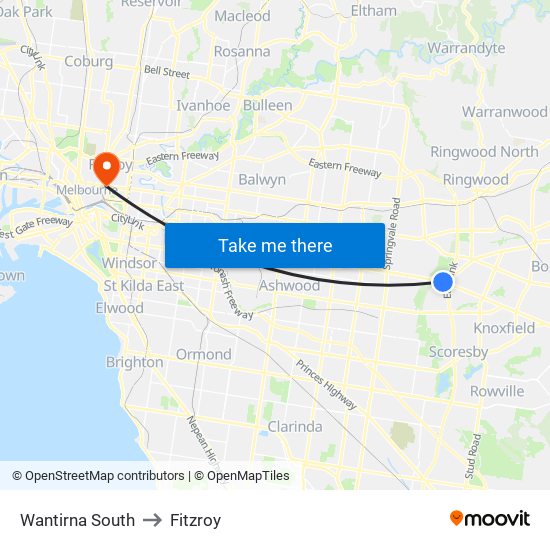 Wantirna South to Fitzroy map