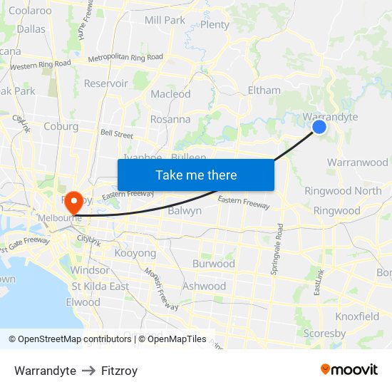 Warrandyte to Fitzroy map