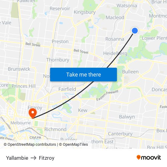 Yallambie to Fitzroy map