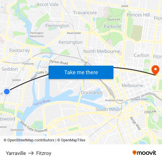 Yarraville to Fitzroy map