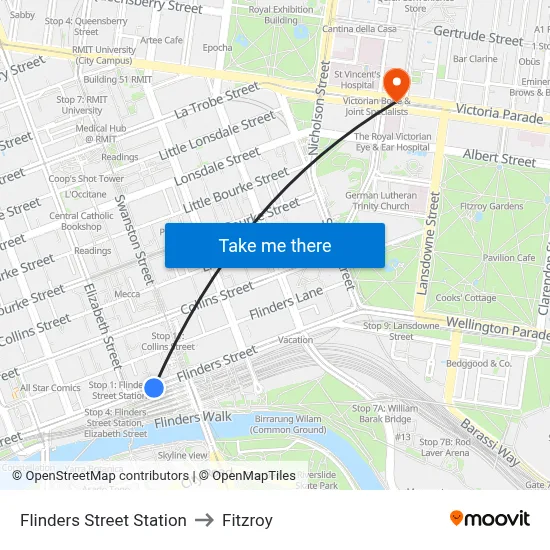 Flinders Street Station to Fitzroy map