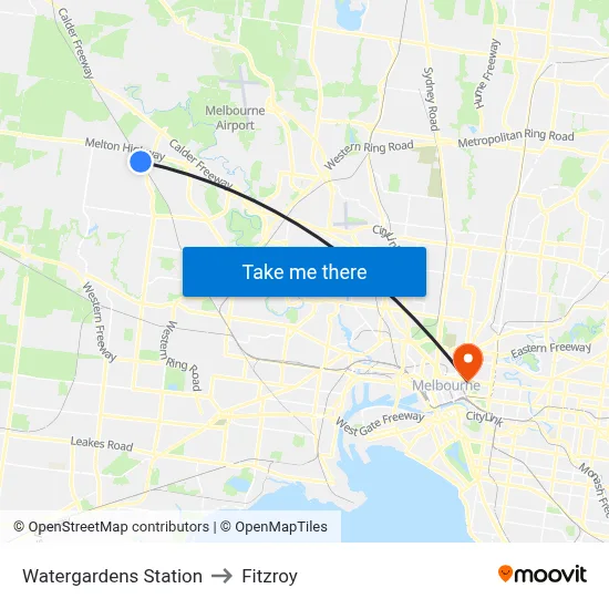 Watergardens Station to Fitzroy map
