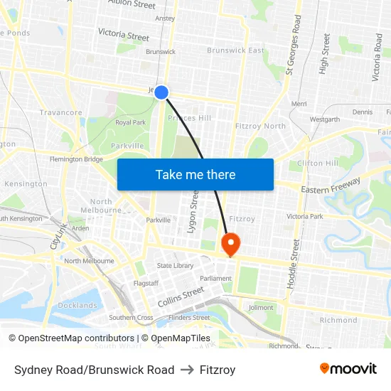 Sydney Road/Brunswick Road to Fitzroy map