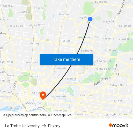 La Trobe University to Fitzroy map