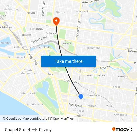 Chapel Street to Fitzroy map