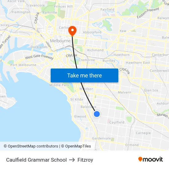 Caulfield Grammar School to Fitzroy map