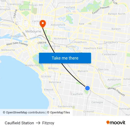 Caulfield Station to Fitzroy map