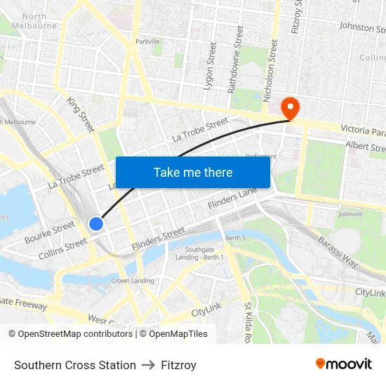 Southern Cross Station to Fitzroy map