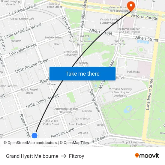 Grand Hyatt Melbourne to Fitzroy map