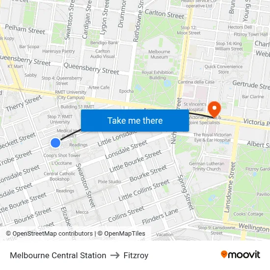 Melbourne Central Station to Fitzroy map