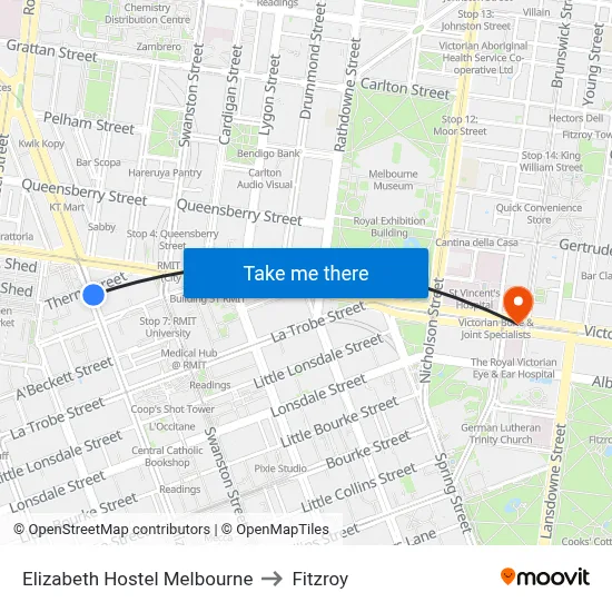 Elizabeth Hostel Melbourne to Fitzroy map