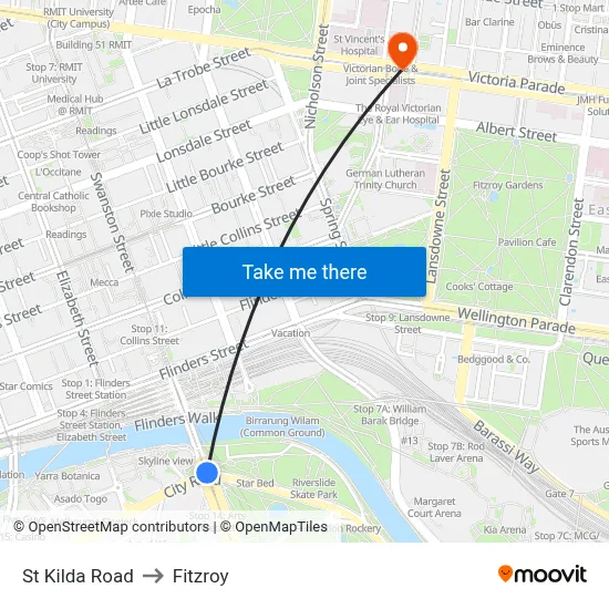 St Kilda Road to Fitzroy map