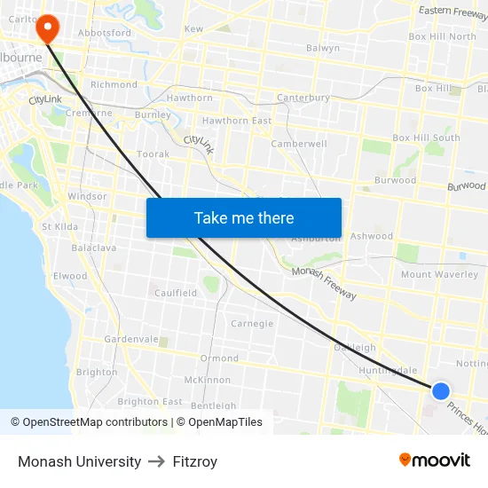 Monash University to Fitzroy map
