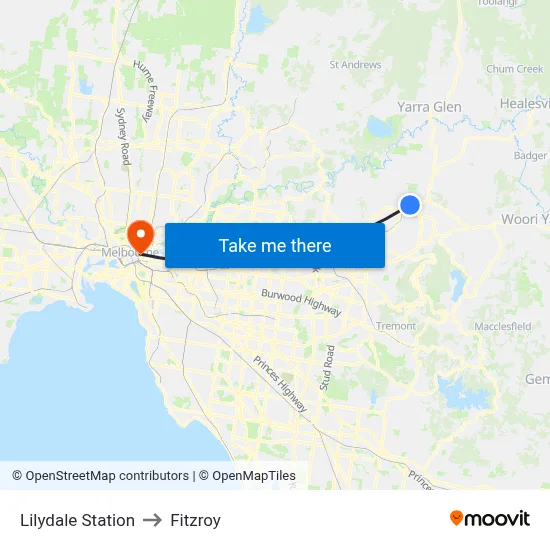 Lilydale Station to Fitzroy map