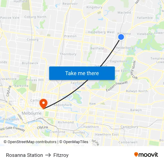 Rosanna Station to Fitzroy map