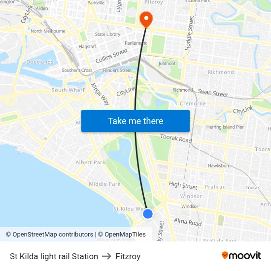 St Kilda light rail Station to Fitzroy map