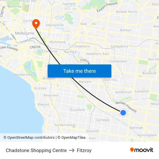 Chadstone Shopping Centre to Fitzroy map
