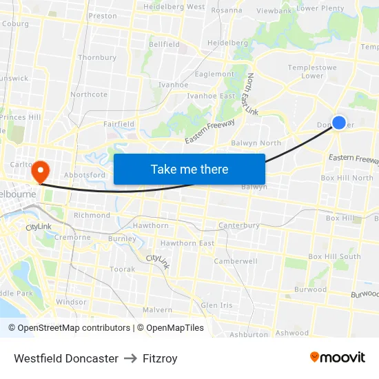 Westfield Doncaster to Fitzroy map