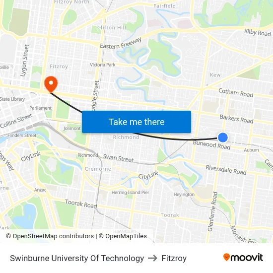 Swinburne University Of Technology to Fitzroy map