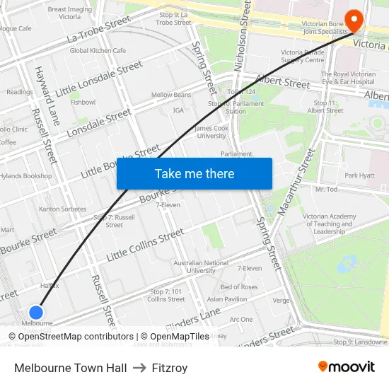 Melbourne Town Hall to Fitzroy map