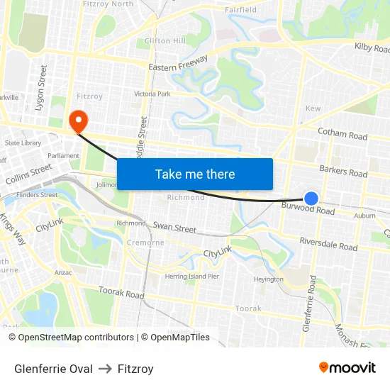 Glenferrie Oval to Fitzroy map