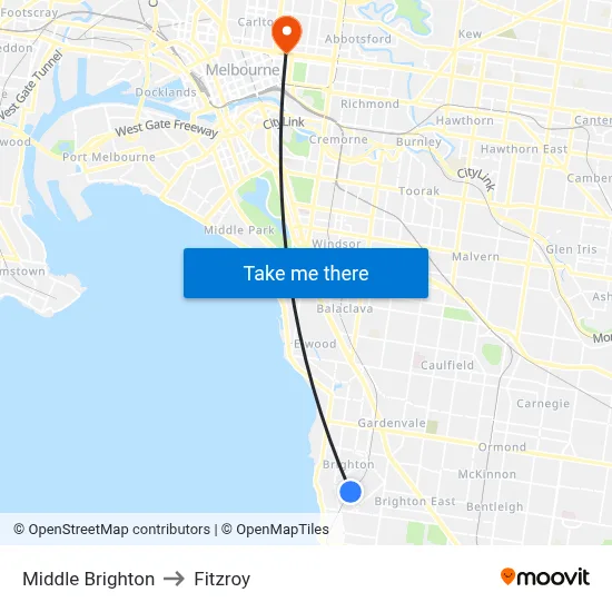 Middle Brighton to Fitzroy map