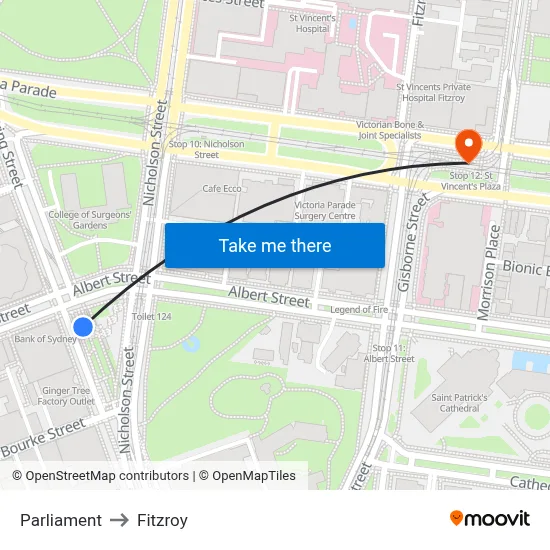 Parliament to Fitzroy map
