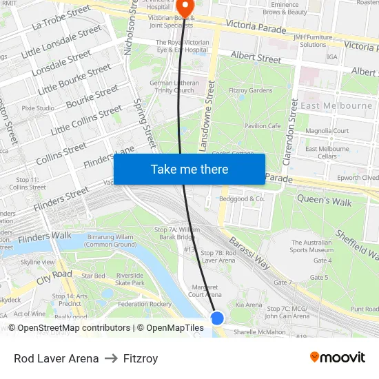 Rod Laver Arena to Fitzroy map