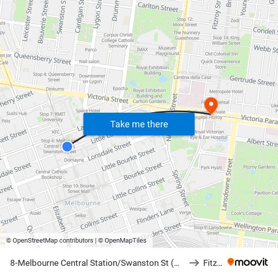 8-Melbourne Central Station/Swanston St (Melbourne City) to Fitzroy map