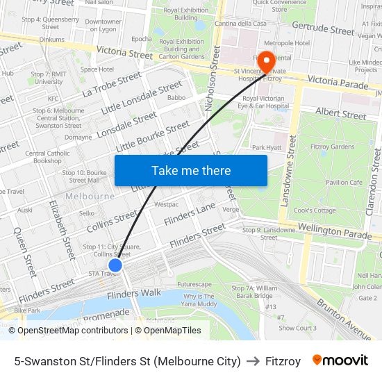 5-Swanston St/Flinders St (Melbourne City) to Fitzroy map