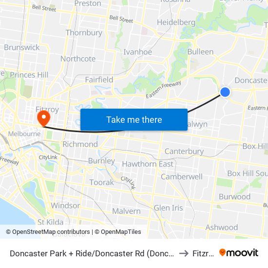 Doncaster Park + Ride/Doncaster Rd (Doncaster) to Fitzroy map