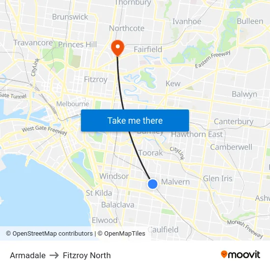 Armadale to Fitzroy North map