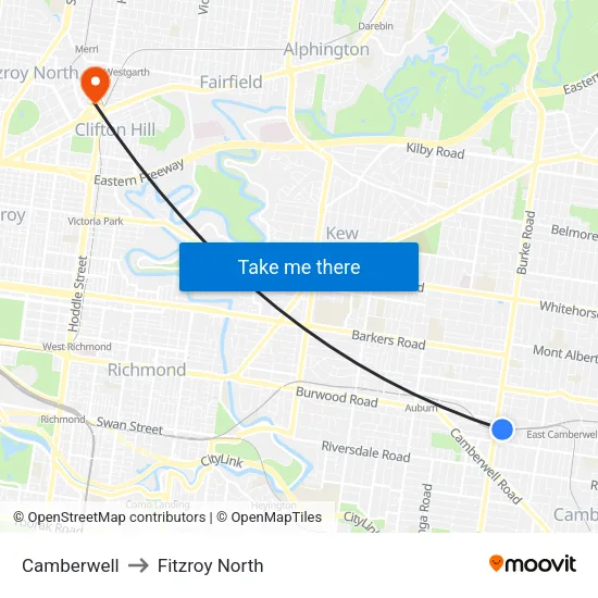 Camberwell to Fitzroy North map