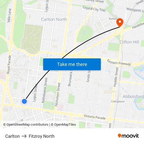 Carlton to Fitzroy North map