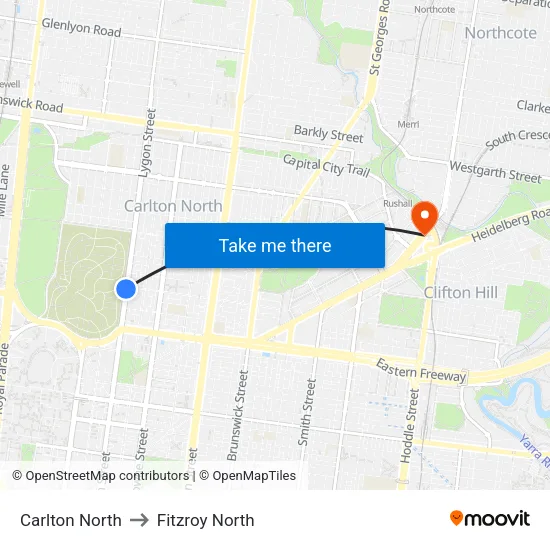 Carlton North to Fitzroy North map