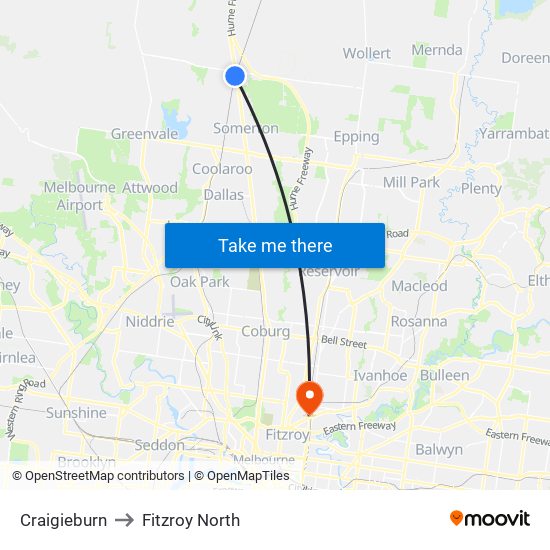 Craigieburn to Fitzroy North map