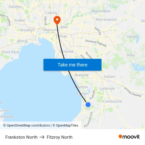 Frankston North to Fitzroy North map