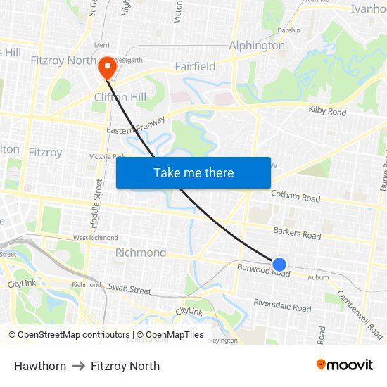 Hawthorn to Fitzroy North map