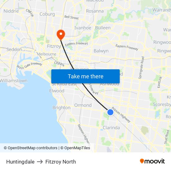 Huntingdale to Fitzroy North map