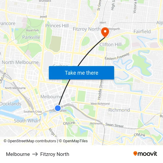 Melbourne to Fitzroy North map