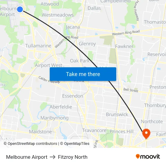 Melbourne Airport to Fitzroy North map