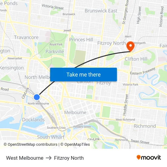 West Melbourne to Fitzroy North map