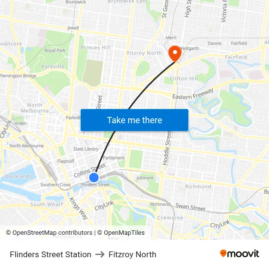 Flinders Street Station to Fitzroy North map