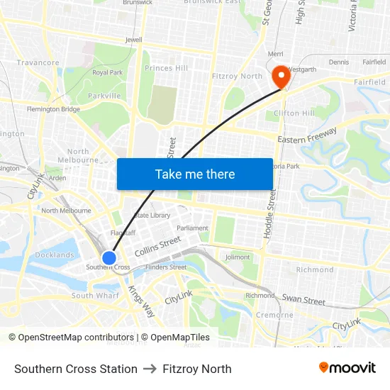 Southern Cross Station to Fitzroy North map