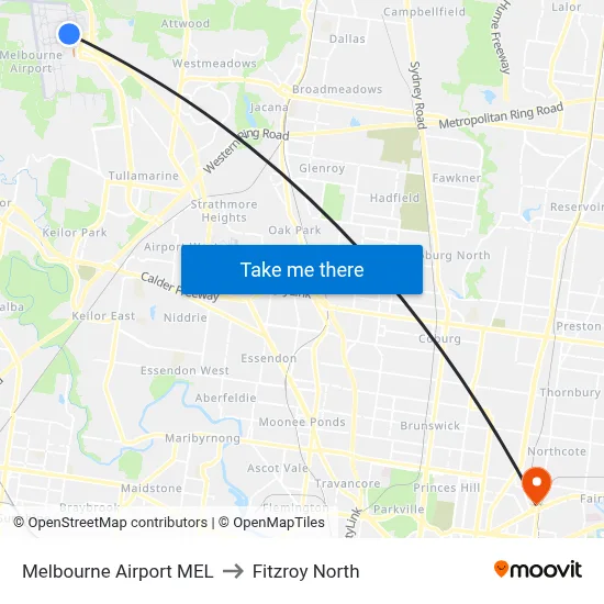 Melbourne Airport MEL to Fitzroy North map